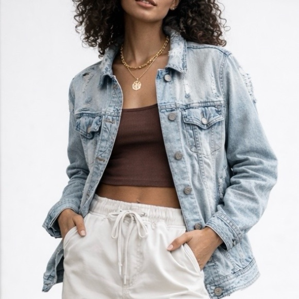 Aeropostale Distressed Denim Jacket Women’s M BOHO Casual Medium Wash Y2K Grunge